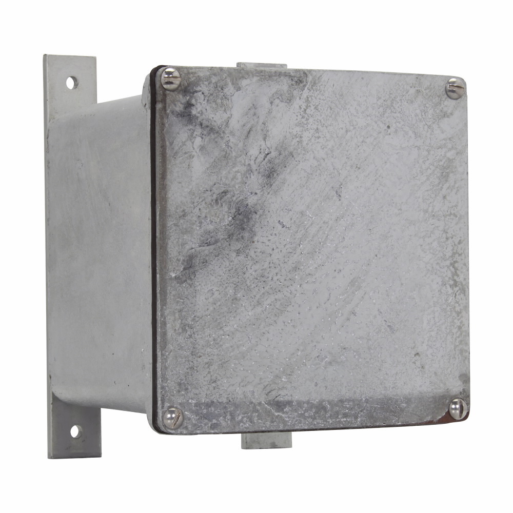 Eaton Crouse-Hinds series WJB junction box, Flanged cover, Iron alloy, Hot dip galvanized finish, 6 maximum conduit opening size, Surface mount, 1/4" wall thickness, 6x6x4"