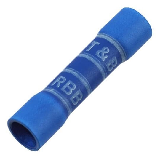 Expanded Vinyl Insulated Butt Splice, Length 1.13 Inches, Width .26 Inches, Maximum Insulation Diameter .200, Wire Range #16-#14 AWG, Color Blue, Copper, Tin Plated, 1,000 Pack