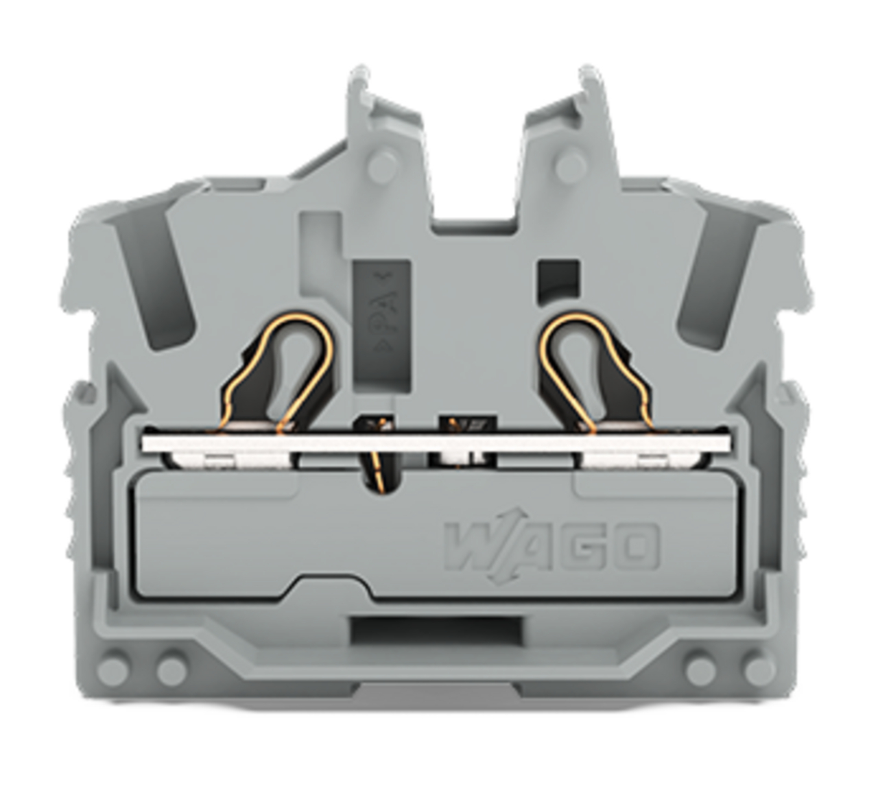 2-conductor miniature through terminal block; with operating slots; 2.5 mm; End terminal block with mounting flange; side and center marking; with test port; Push-in CAGE CLAMP; 2,50 mm; gray
