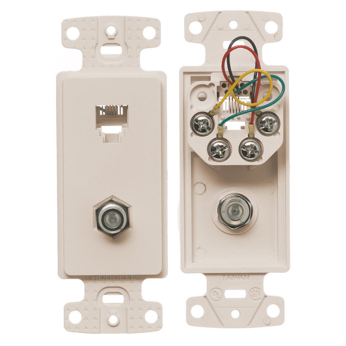 Plate Frame with 1) Coax F Connectorsand 1) 6-Position 6-Conductor Jack, Screw Terminal, Light Almond