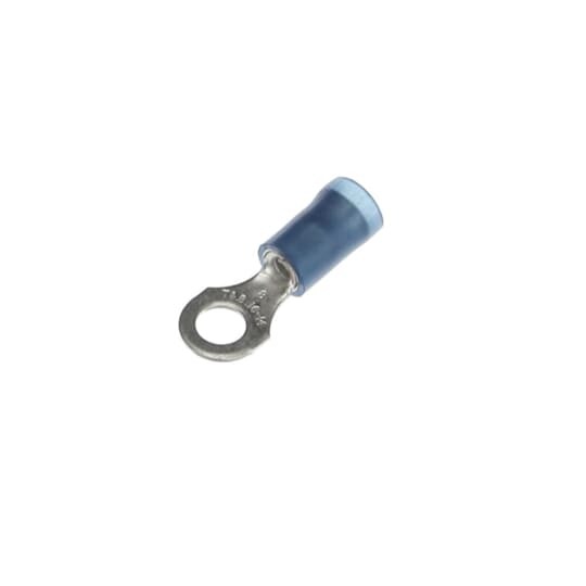 Nylon Insulated Ring Terminal, Length .89 Inches, Width .31 Inches, Maximum Insulation .162, Bolt Hole #8, Wire Range #18-#14 AWG, Color Blue, Copper, Tin Plated