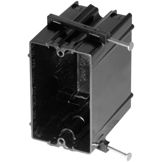 Single-Gang Nail-On Outlet Box, Volume 20.3 Cubic Inches, Length 3-3/4 Inches, Width 2-1/4 Inches, Depth 3-3/16 Inches, Color Black, Material Polycarbonate, Mounting Means Angled Side Nails