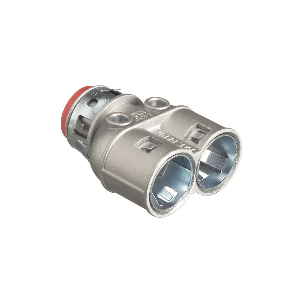 Duplex zinc die-cast, 1/2" Knockout MC cable connector snaps quickly on to the conduit with internal spring steel clip and then snaps into knockout with an external spring steel clip, no tools required. Concrete tight when taped. Has Rectangualer End stop.