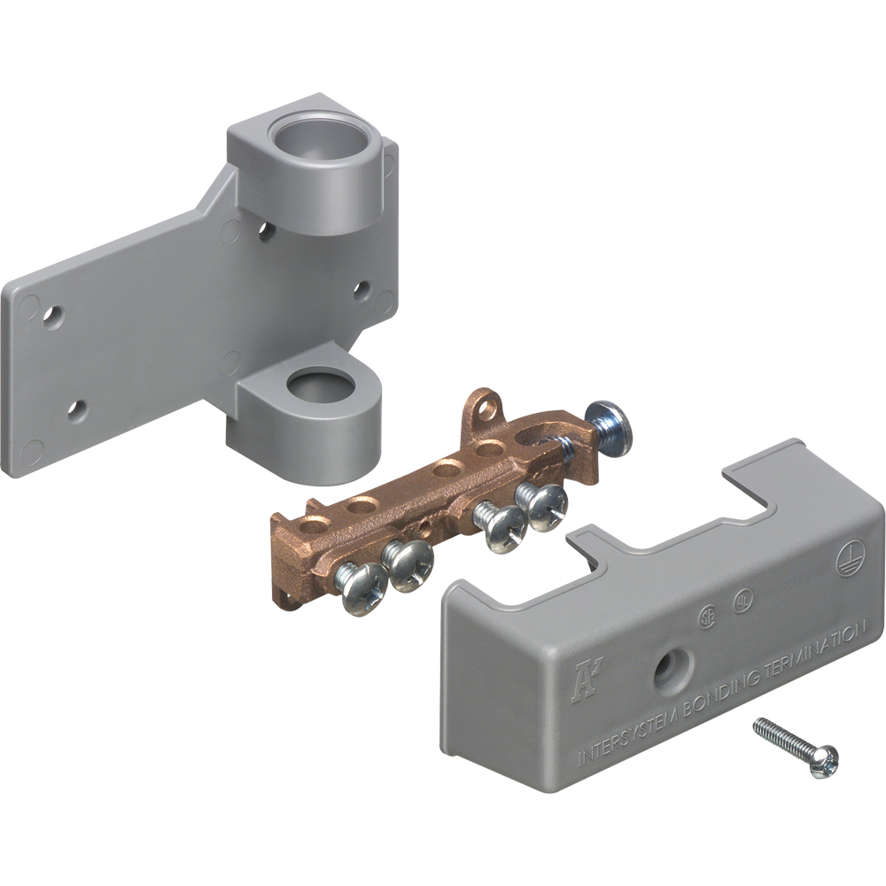 Intersystem grounding bridge, has 4 termination points, one more than required by the NEC. Cable range 4 termination points for #4 to #14 solid or stranded. Attaches to grounding conductor with lay in style lug with a cable range of #6 to #1/0 grounding wire solid or stranded. Bronze with white Cover. Comes with PVC adapter for 1/2" PVC pipe.