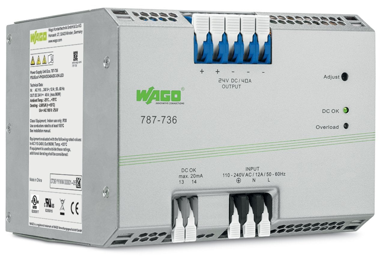 Switched-mode power supply; Eco; 1-phase; 24 VDC output voltage; 40 A output current; DC OK contact; 6,00 mm