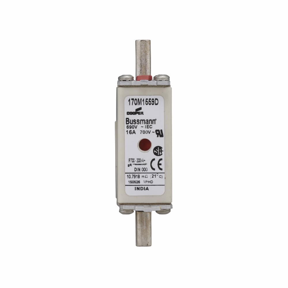 Eaton Bussmann series high speed square body fuse, 16A, 200 kAIC, Combination fuse status indicator, Fuse, Din 43-620 blade end X Din 43-620 blade end, Class gR