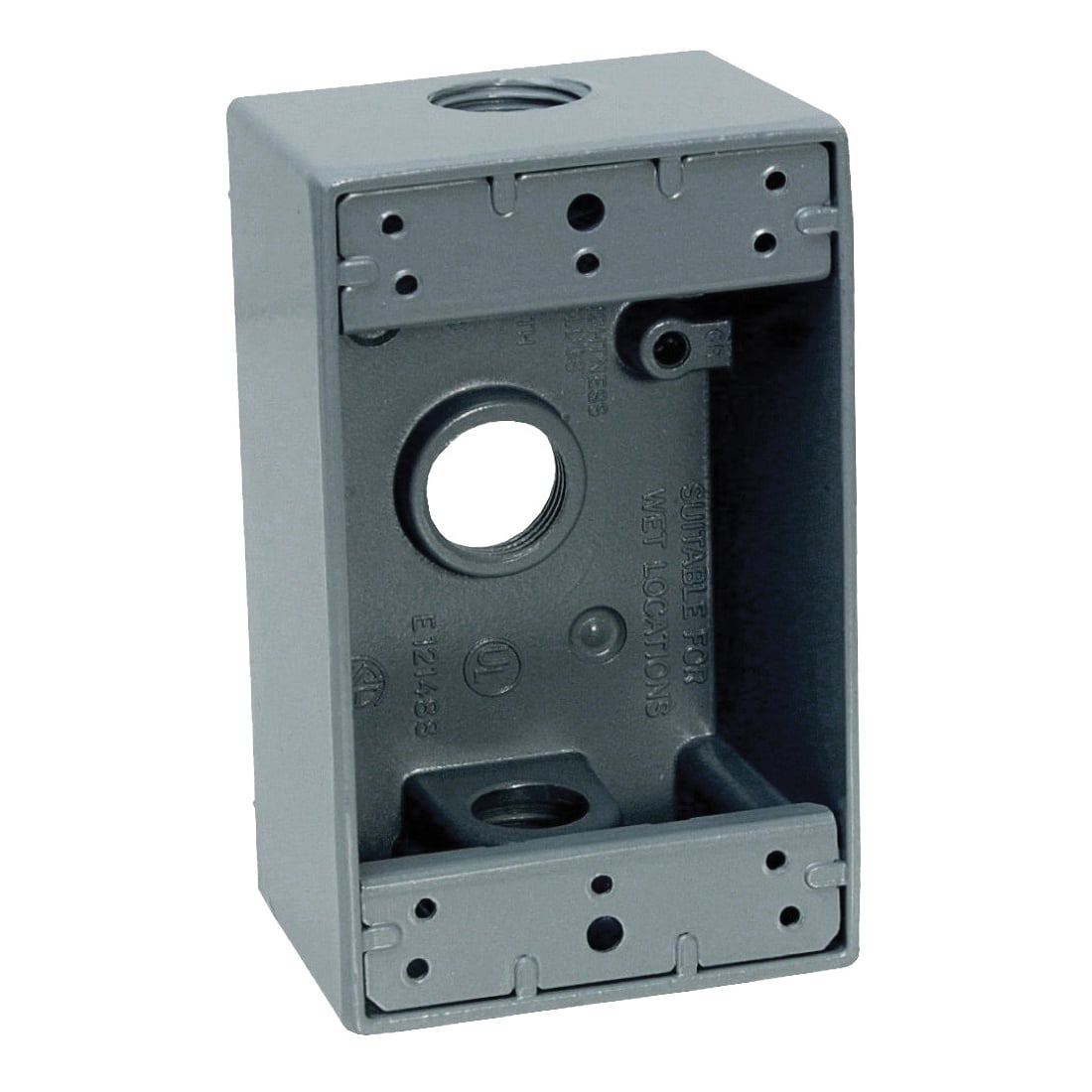 TEDDICO, Outlet Box, Single Gang, Weatherproof, Number Of Outlet: 3 Threaded, Material: Die Cast Metal, Size: 4-9/16 X 2-13/16 X 2 IN, Color: Grey, Construction: Rugged, Seamless, Cubic Capacity: 18.300 IN, Includes: Closure Plugs, Ground Screw And Mounting Lugs, Package Type: Show Pak, Outlet Size: 3/4 IN