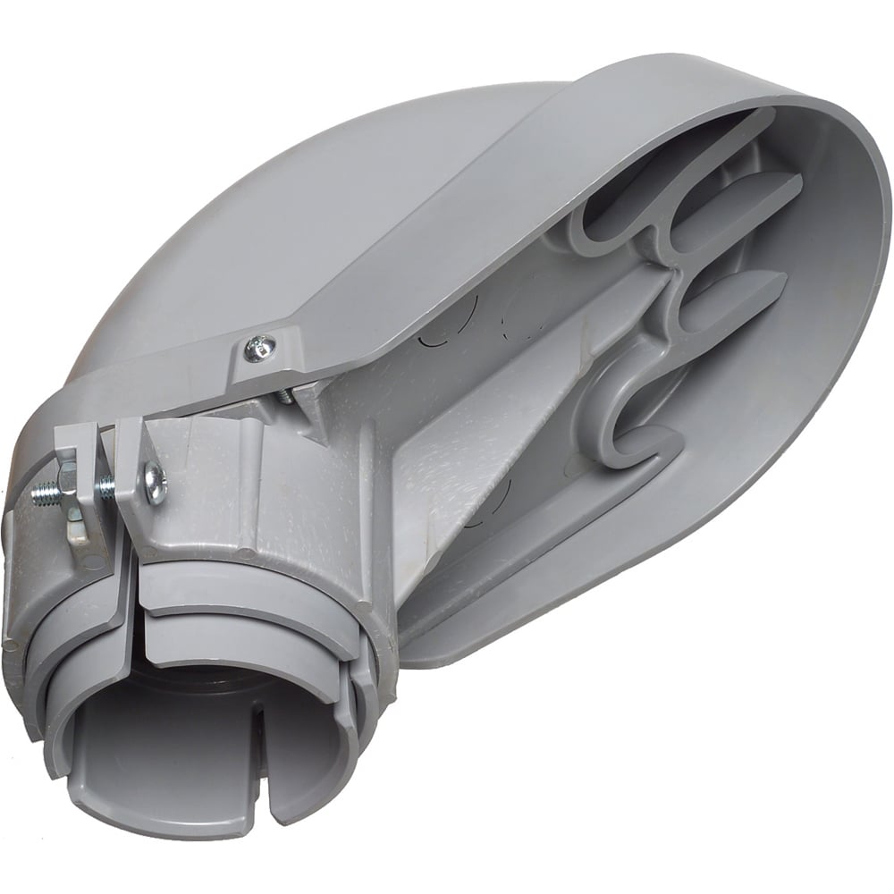 PVC Entrance cap for rigid, IMC, EMT, Rigid PVC. Trade Size 3", 3-1/2" and 4". Mast Size 3", 3-1/2" and 4". Wire Holes two at 1-1/4" and two at 1-5/16".