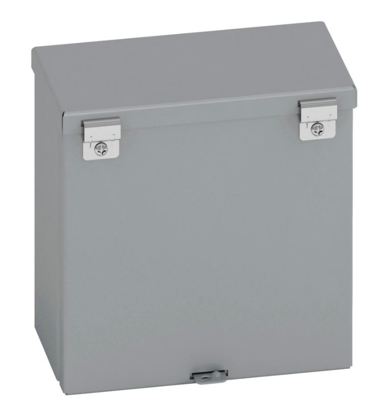 Type 3/3R junction boxes, 12" height, 6" length, 10" width, NEMA 3R, Hinged cover, RTHC NK enclosure, Surface mounted, Small single door, No knockout, Embossed thru holes, Carbon steel