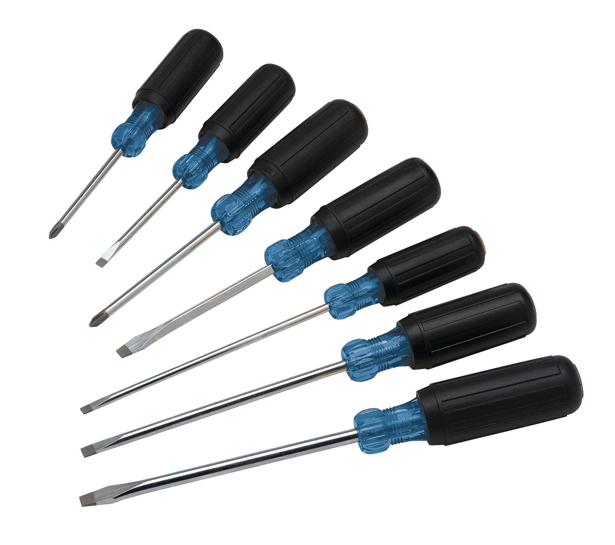 Screwdriver Set, Cushioned Rubber Grip Handle, Chrome Vanadium Steel Blade, 7 Pieces, Includes: 35-193 - #1 X 3 IN Long Shank Phillips, 35-150 - 1/4 IN Diameter X 4 IN Long Shank Heavy-Duty Electrician's Cabinet, 35-194 - #2 X 4 IN Long Shank Phillips, 35-154 - 1/4 IN Square X 4 IN Long Shank Heavy-Duty Slotted Keystone, 35-183 - 3/16 IN Diameter X 3 IN Long Shank Electrician's Cabinet, 35-156 - 5/16 IN Square X 6 IN Long Shank Heavy-Duty Slotted Keystone, 35-186 - 3/16 IN Diameter X 6 IN Long Shank Electrician's Cabinet