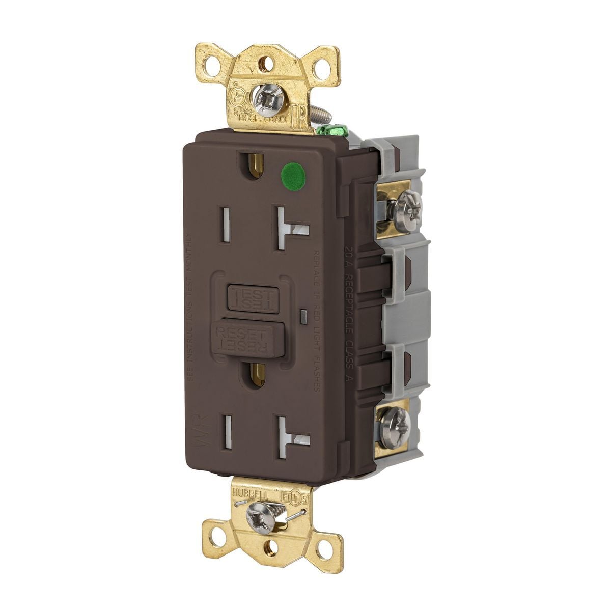 Straight Blade Devices, Receptacle, GFCI, Tamper and Weather Resistant, Commercial Hospital Grade, Self Test, 20A 125V, 2-Pole 3-Wire Grounding, 5-20R, Brown