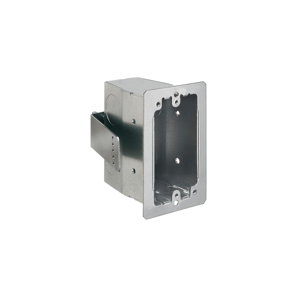 Steel single gang box for concrete block walls. 1/2" and 3/4" knockouts. Spring steel clip holds box securely against walls when screws are tightened. 22.0 cu. in.