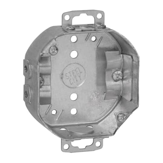 Octagon Box, 15.8 Cubic Inches, 4 Inch Diameter x 1-1/2 Inches Deep, 1/2 Inch Knockouts, Pre-Galvanized Steel, Drawn Construction, with Non-Metallic Cable Clamps (C-5) and Adjustable Ears, For use with Non-Metallic Sheathed Cable