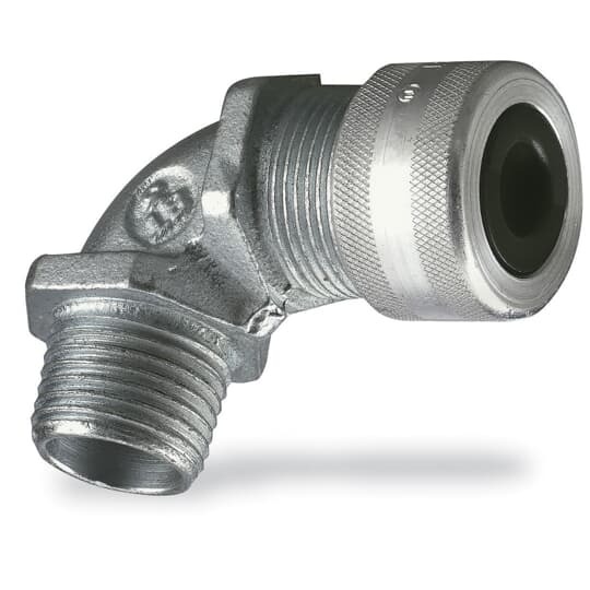 Liquidtight Strain Relief Connector, 1/2 Inch, 90 Degree Bend, Cord Range 0.310 to 0.560 Inch, Throat Diameter 19/32 Inch, Aluminum Body, Glandnut, and Grip, Rubber Bushing