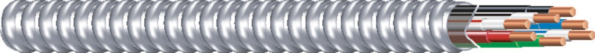 Southwire Armorlite Type MC Cable is constructed with soft-drawn copper  Type THHN/THWN-2 conductors rated 90C dry  and a bare copper grounding conductor for sizes 1/0 AWG and larger. The conductors are cabled together and a binder tape bearing the print legend is wrapped around the assembly. Aluminum interlocking armor is applied over the assembly. Also available in steel. Conductors are black with phase identification. Colors available upon request with economic order quantity.