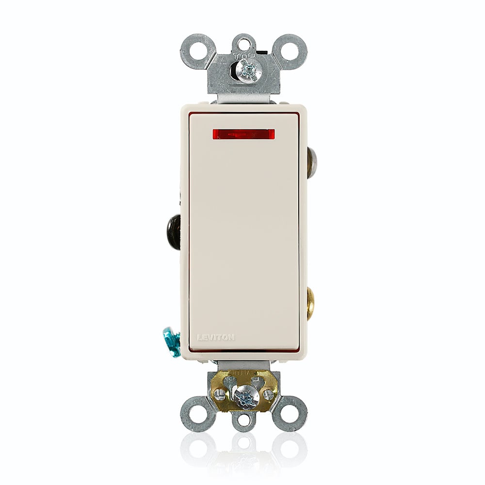 20 Amp, 120 Volt, Decora Plus Rocker Pilot Light, Illuminated On, Req. Neutral Single-Pole AC Quiet Switch, Commercial Grade, Self Grounding, Light Almond