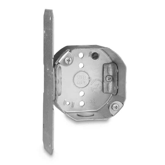 Ceiling Fan Outlet Box, 22.5 Cubic Inches, 4 Inch Diameter x 2-1/8 Inches Deep, 1/2 Inch Knockouts, Galvanized Steel, with F Bracket