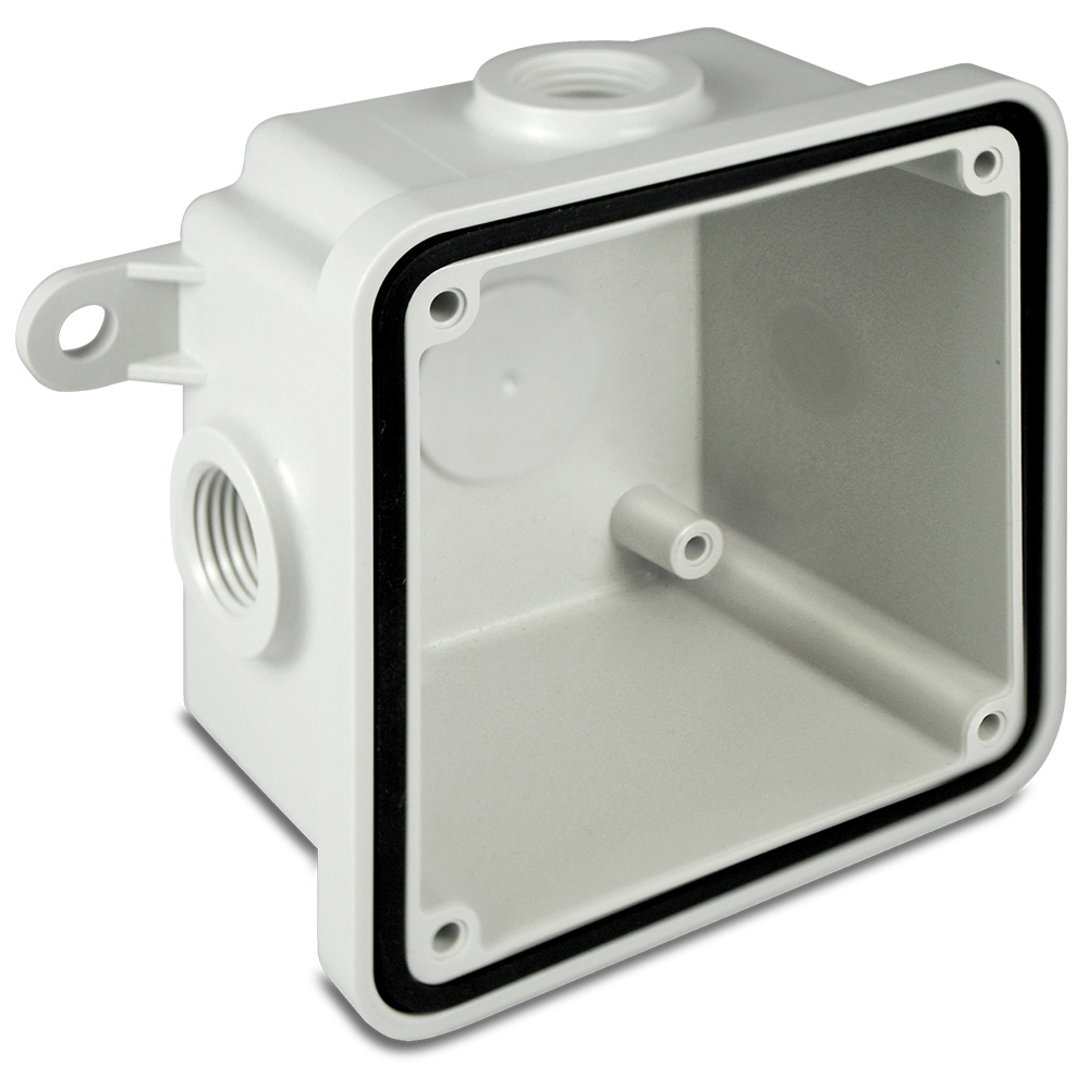 Weatherproof Box, Gray, Non-metallic - Accessory for model 450E horns.  Molded thermoplastic neoprene-gasketed weatherproof housing for outside use, complete with mounting lugs. Provided with (3) entrances for 1/2" conduit. 4-3/8" square box. 2-7/16" deep, offset mounting lugs on 5" centers.