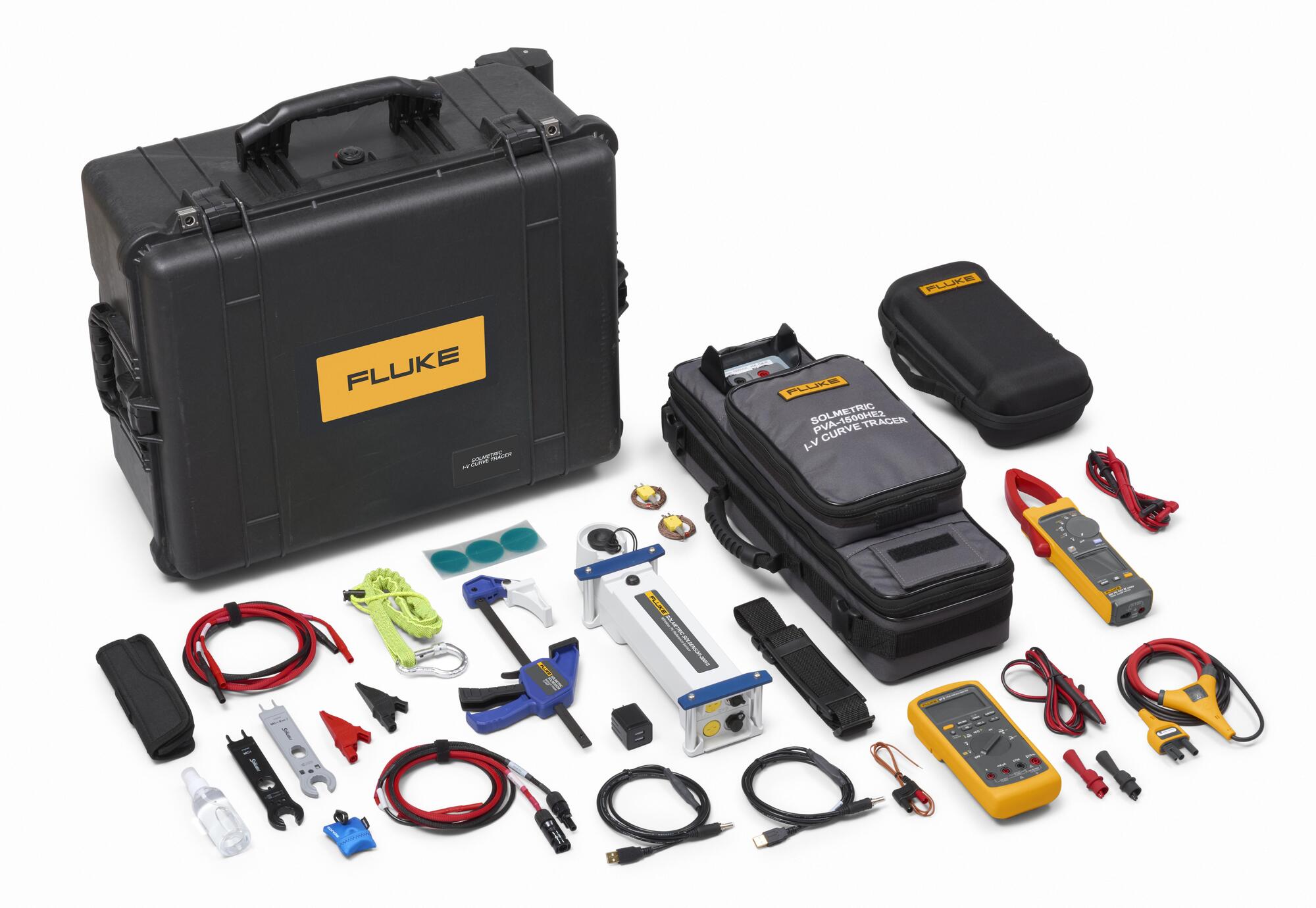 This comprehensive toolkit includes the Fluke Solmetric PVA-1500HE2 I-V Curve Tracer, Fluke 393 FC Solar Clamp Meter, and Fluke 87V Digital Multimeter, offering a complete solution for solar installation diagnostics and maintenance. The PVA-1500HE2 offers an array of advanced features, including high throughput I-V curve tracing, providing quick and detailed performance data. Its intuitive user interface enables easy navigation and real-time analysis, allowing for immediate identification of potential issues. The 393 FC Solar Clamp Meter enables precise measurement of DC current and voltage, facilitating performance testing and troubleshooting of solar panels and inverters. Additionally, the 87V Digital Multimeter provides reliable measurements of AC/DC voltage, current, resistance, and capacitance, essential for verifying system integrity and diagnosing electrical faults. From commissioning and routine maintenance to troubleshooting and performance optimization, this toolkit empowers solar professionals to ensure the efficiency and reliability of solar installations with ease.
