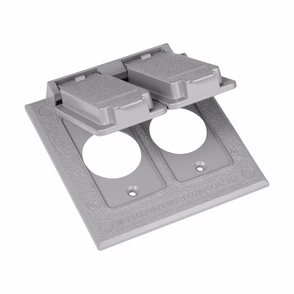Eaton Crouse-Hinds series weatherproof self-closing cover, Gray, Die cast aluminum, Two-gang, Two single receptacles or switches