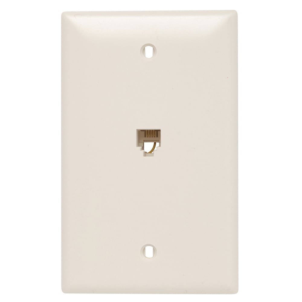 Single gang opening modular four conductor telephone jack with wall plate. Light Almond.