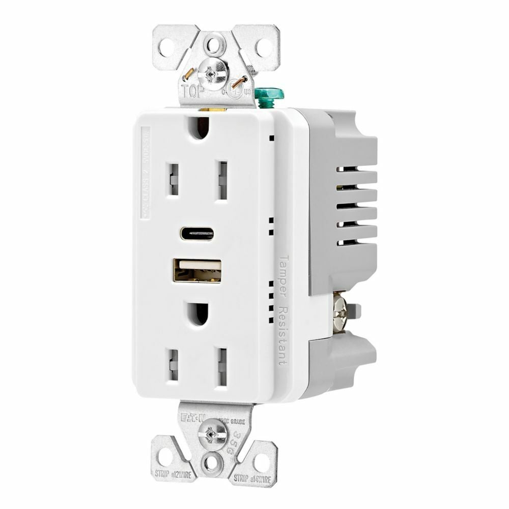 Eaton Combination USB Type A andC Charger, 15A 5-15R Receptacle, White, USB, Brass, Flush, Two-pole, Three-wire, Tamper resistant