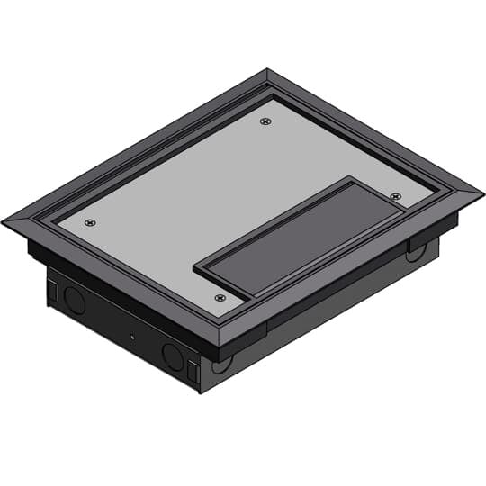Four Compartment Raised Access Floor Module, 172 Cubic Inches, Length 10 Inches, Width 7-15/16 Inches, Depth 2-1/2 Inches, Galvanized Steel with Gray Cover, Comes with Left and Rigth Power Panels and Wiring Tunnel
