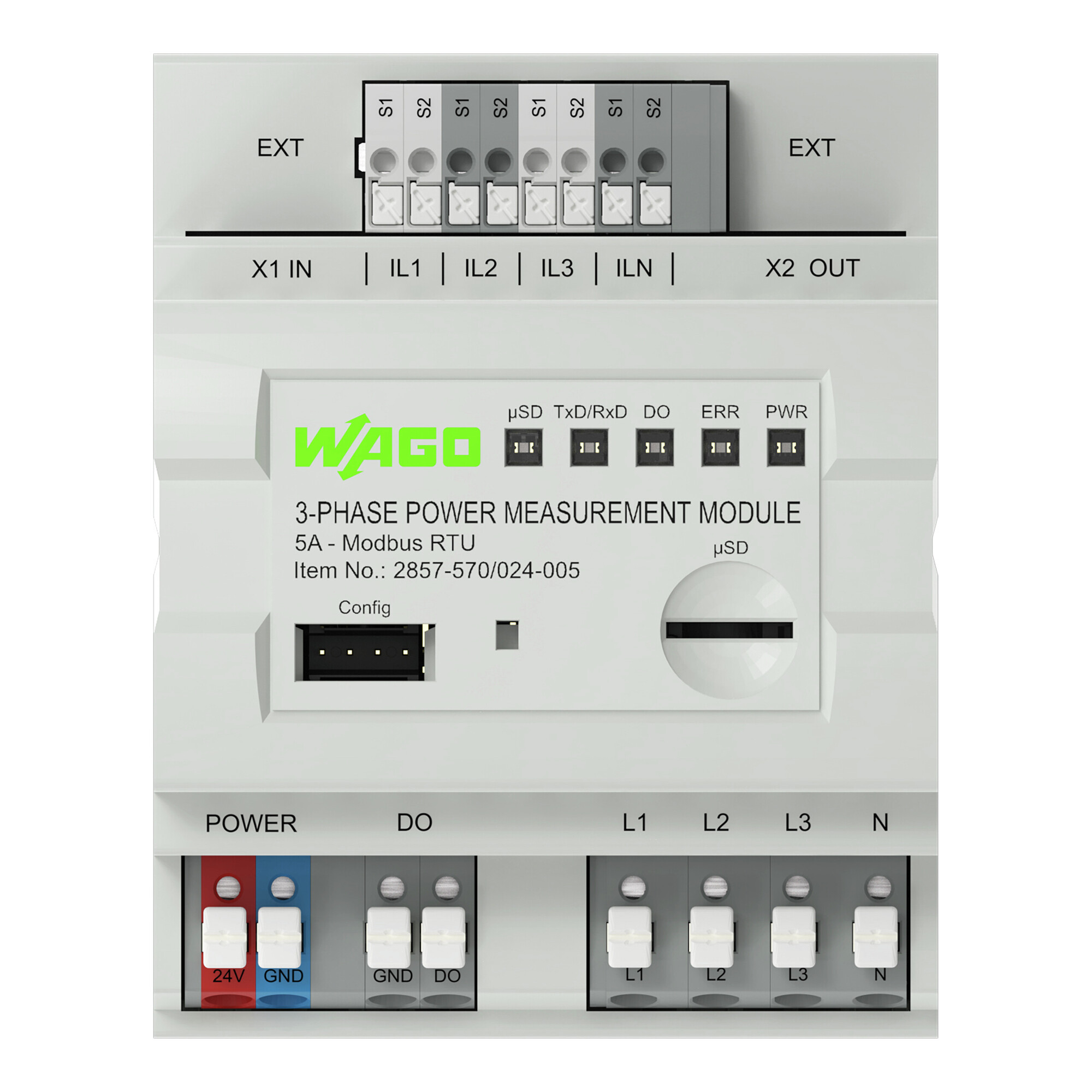 3-Phase Power Measurement Module; 3x277/480 V/5 A; Modbus RTU; Digital output; Configuration via software; Supply voltage: 24 VDC