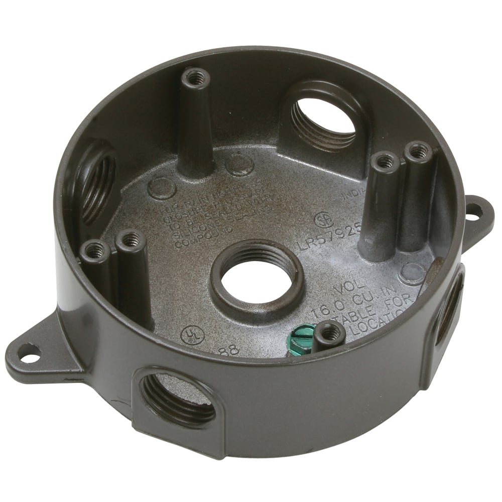 Weatherproof 4 Die Cast Aluminum Box, 5 Hole 1/2, 16.1 Cu.In., 4 Plugs Furnished, Bronze