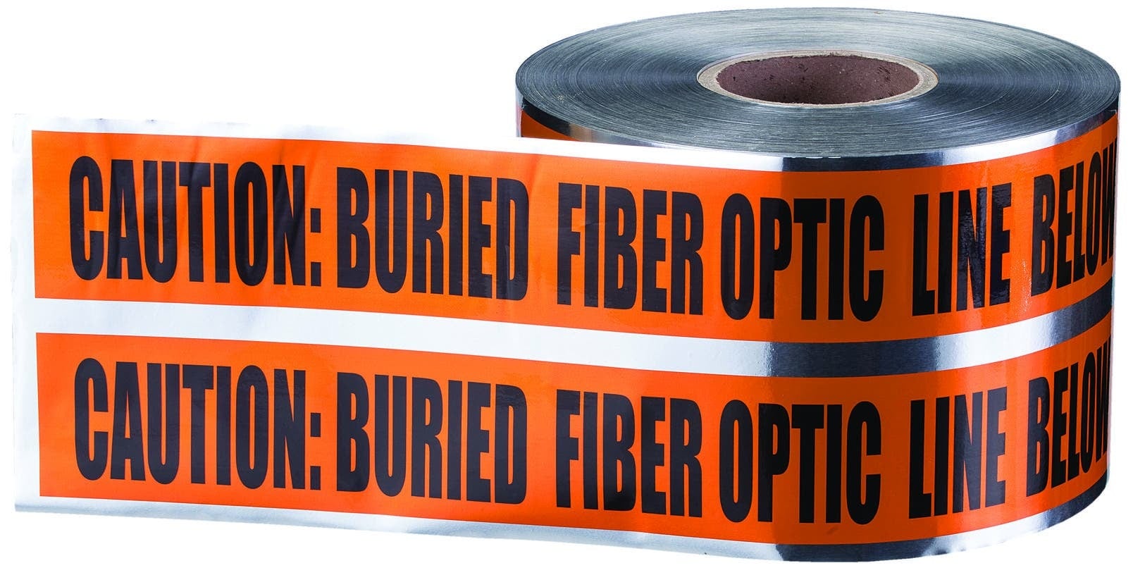 Detectable Underground Tape, 6 IN Roll Width, 1000 FT Roll Length, Caution Buried Fiber Optic Line Below Legend, Solid Aluminum Foil Core, Orange, Thickness: 5 MIL, Elongation: 80 PCT ASTM D882-75B, Composition: IDEAL Specs: Bottom Layer PE, Top Layer PET, Foil Industry Standard, Tensile Strength: 35 LB/IN (15000 PSI) ASTM D882, For Protection, Location And Identification Of Underground Utility Installations