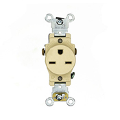 15 Amp, 250 Volt, NEMA 6-15R, 2P, 3W, Industrial Series Heavy Duty Specification Grade, Single Receptacle, Straight Blade, Self Grounding, Side Wired, Steel Strap, - IVORY