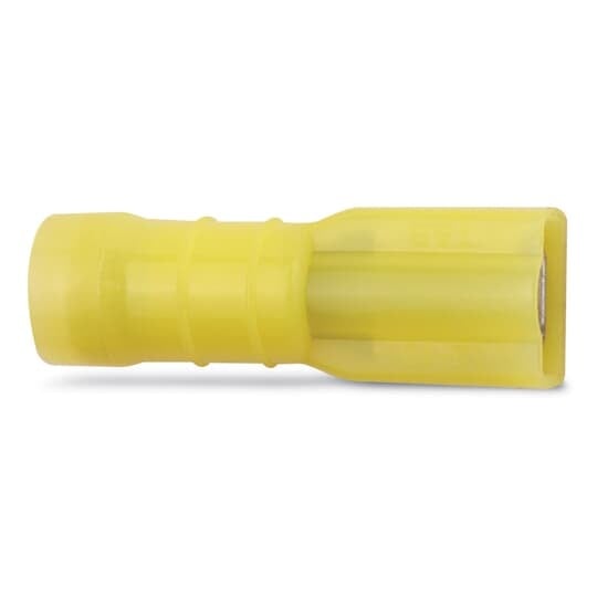 Nylon Fully Insulated Female Disconnect, Length 1.10 Inches, Width .38 Inches, Maximum Insulation .225, Tab Size .250x.032, Wire Range #12-#10 AWG, Color Yellow, Brass, Tin Plated, 500 Pack