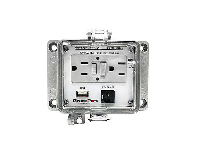 Panel Interface Connector with USB Type A/F to USB Type A/F, Category 5e RJ45, Panel Mount Housing, UL Type 12,GFCI Duplex Inside-Outlet, No Circuit Breaker