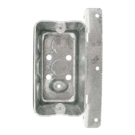 One Gang Utility Box, 14.5 Cubic Inches, 4 Inches Long x 2-1/8 Inches Wide x 2-1/8 Inches Deep, 1/2 Inch Knockouts, Pre-Galvanized Steel, Drawn Construction, Factory Provided Raised Ground Screw Location and T Bracket, For use with Conduit