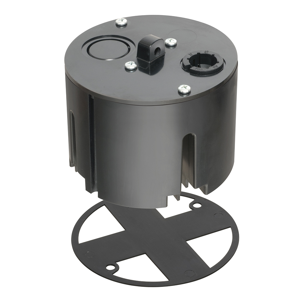 T-Box with non-metallic hanger. For fixtures weighing up to 50 lbs. Includes 12ft support wire coil, installed non-metallic cable connector, and grid cover.