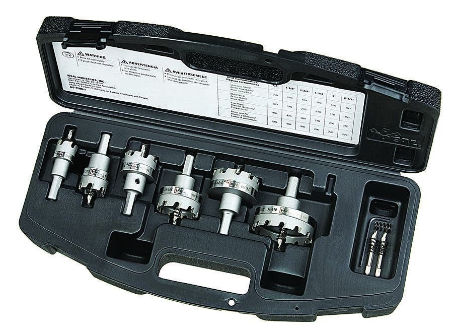 TKO Master Electrician's Hole Cutter Kit, Carbide Tip, Consist Of 1: Two SmoothStart 7/8 IN 1-1/8 IN, 1-3/8 IN, 1-3/4 IN, 2 IN And 2-1/2 IN Replacement Tips, Consist Of 2: Carrying Case, 6 Pieces, For Fast Cutting Of Clean, Round Holes And Designed Specifically For Sheet Metal Cutting Even Stainless Steel