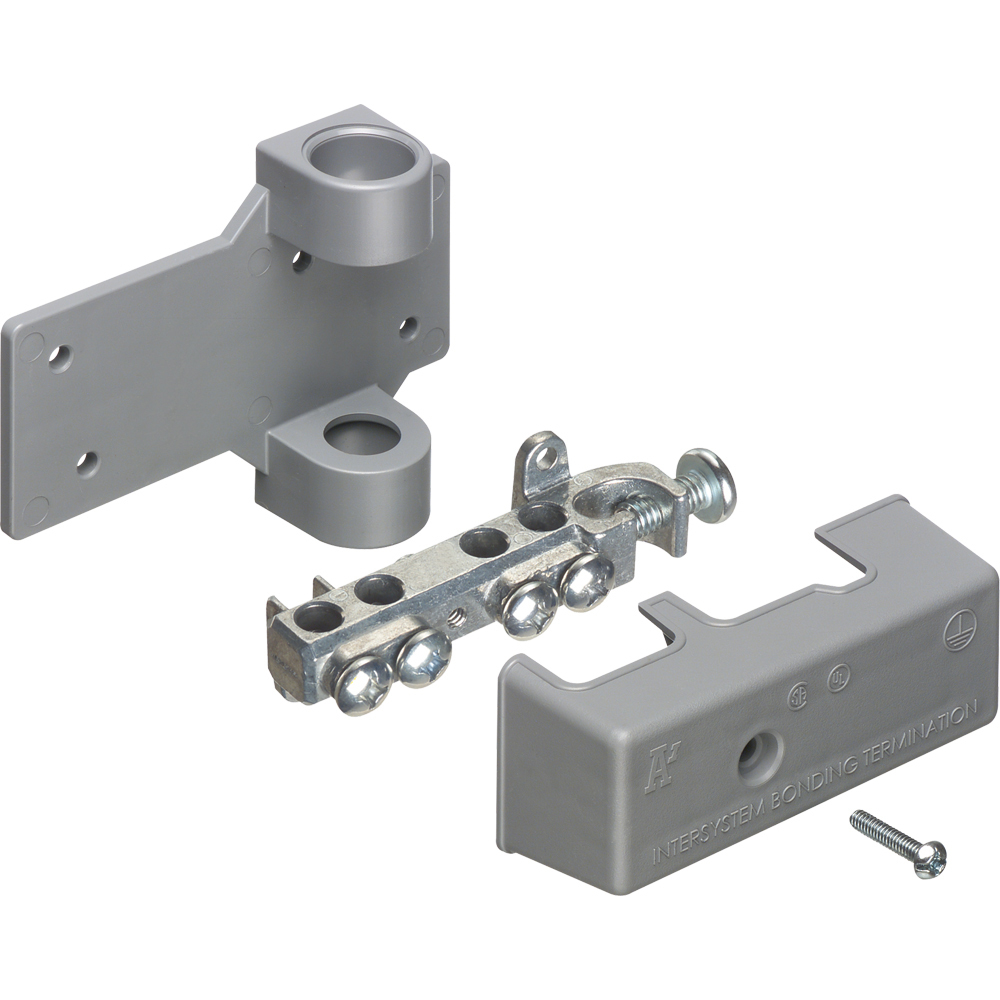Intersystem grounding bridge, has 4 termination points, one more than required by the NEC. Cable range 4 termination points for #4 to #14 solid or stranded. Attaches to grounding conductor with lay in style lug with a cable range of #6 to #2 grounding wire solid or stranded. Zinc with grey Cover. Comes with PVC adapter for 1/2" PVC pipe.