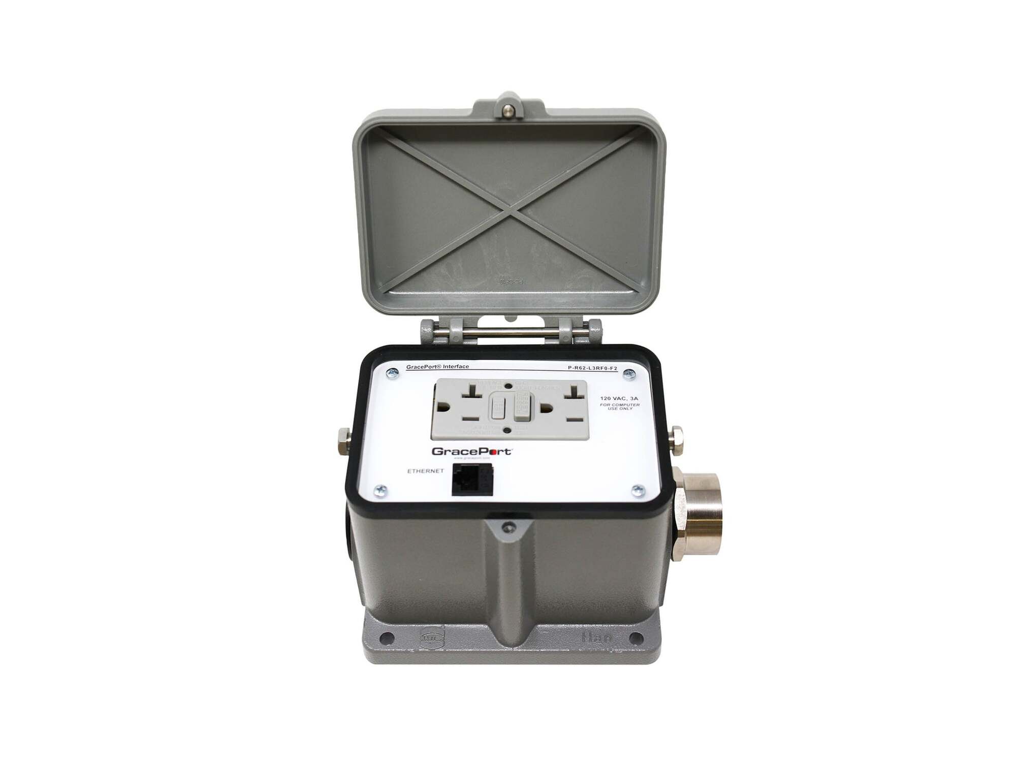 Panel Interface Connector with Category 6 Ethernet Bulkhead, Surface Mount Housing, UL Type 4, Standard GFCI Duplex outlet, No Circuit Breaker
