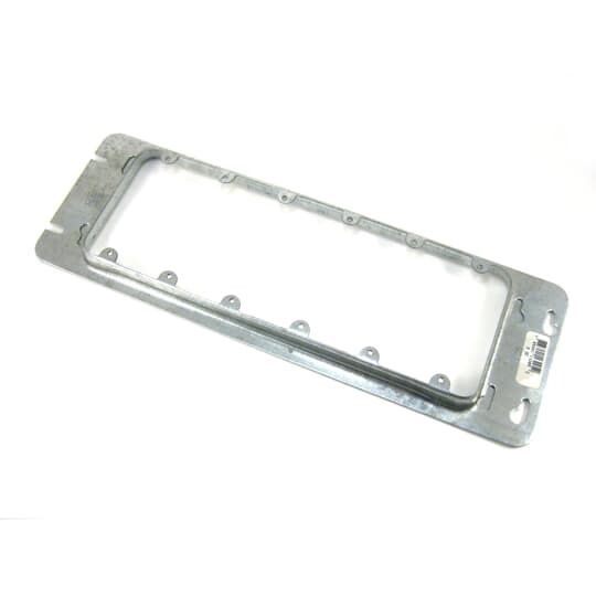 Six Gang Box Cover, 28.3 Cubic Inches, 14-1/4 Inches Long x 4-11/16 Inches Wide x 13/16 Inches Raised for Plaster, Galvanized Steel, Holes between Gangs are Spaced on 13/16 Inch Centers, Tapped Holes in Ears, Spaced on 3-9/32 Inches Centers to Accommodate All Standard Receptacles and Switches, Furnished with Extra Plugged Screw Holes, if these Screw Holes are Used, the Cover will fit the Next Smaller Size Box