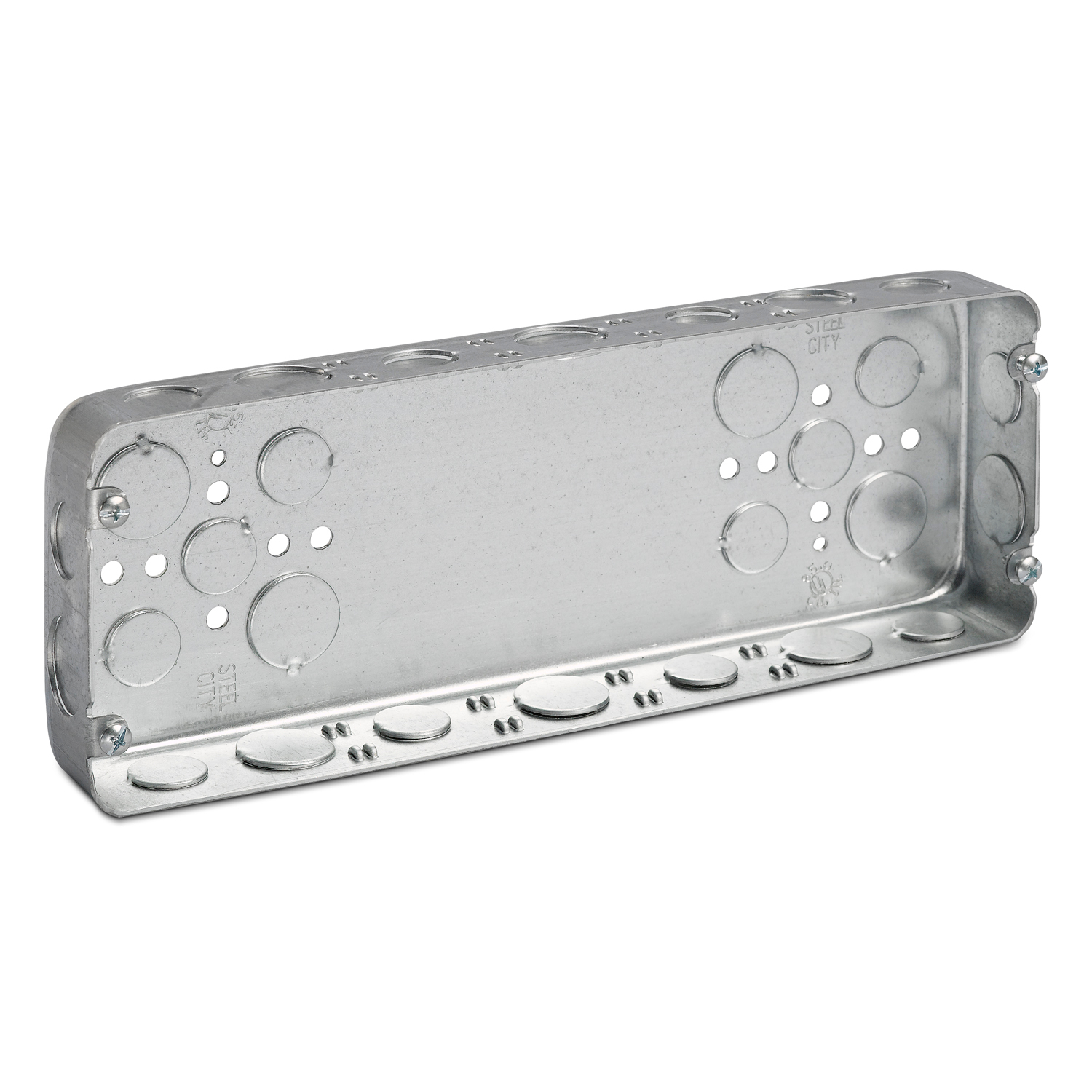 Five Gang Drawn Style Box, 85 Cubic Inches, 12-1/4 Inches Long x 4-1/2 Inches Wide x 1-5/8 Inches Deep, Drawn Construction with 1/2 Inch and 3/4 Inch Knockouts, For use with Conduit