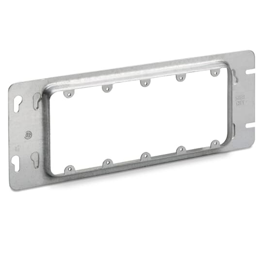 Five Gang Box Cover, 23 Cubic Inches, 12-7/16 Inches Long x 4-11/16 Inches Wide x 13/16 Inches Raised for Plaster, Galvanized Steel, Holes between Gangs are Spaced on 13/16 Inch Centers, Tapped Holes in Ears, Spaced on 3-9/32 Inches Centers to Accommodate All Standard Receptacles and Switches, Furnished with Extra Plugged Screw Holes, if these Screw Holes are Used, the Cover will fit the Next Smaller Size Box