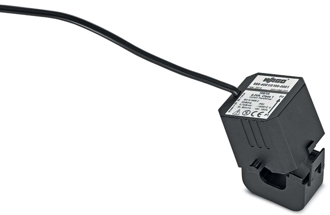 Split-core current transformer; Primary rated current: 100 A; Secondary rated current: 1 A; Rated power: 0.2 VA; Accuracy class: 1; Cable length: 3 m