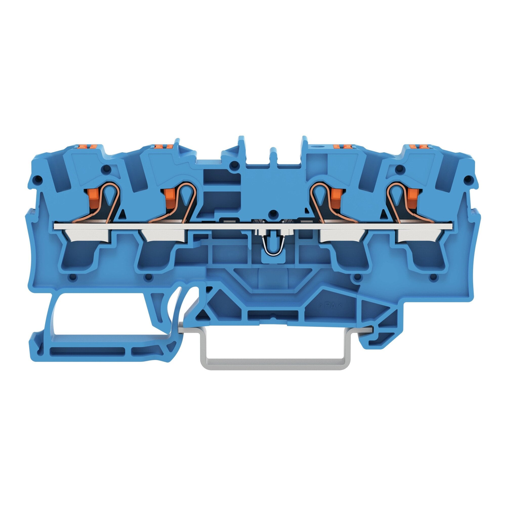 4-conductor through terminal block; with push-button; 4 mm; with test port; suitable for Ex i applications; side and center marking; for DIN-rail 35 x 15 and 35 x 7.5; Push-in CAGE CLAMP; 4,00 mm; blue