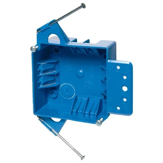 Square New Work Outlet Box, Volume 18 Cubic Inches, Length 4 Inches, Width 4 Inches, Depth 1-5/8 Inch, Color Blue, Material Thermoplastic, Mounting Means Captive Nails
