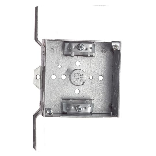 Square Box, 21 Cubic Inches, 4 Inch Square x 1-1/2 Inch Deep, 1/2 Inch and 3/4 Inch Eccentric Knockouts, Pre-Galvanized Steel, Non-Metallic Cable Clamp (C-3) and CV Bracket, for use with Armored/Metal Clad Cable