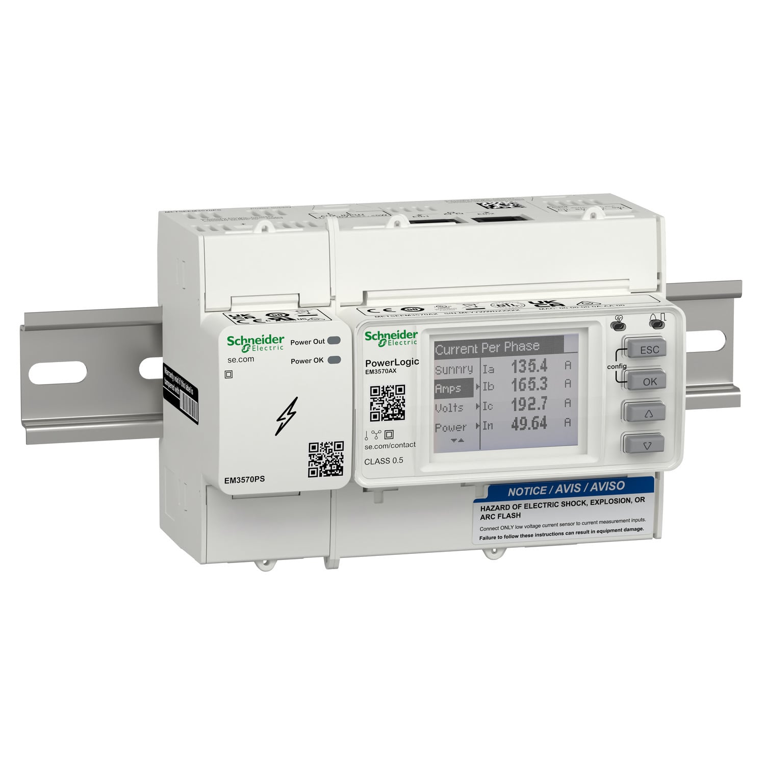 DIN rail meter, PowerLogic EM3570, Ethernet, LVDC, Rogowski CT input bundled with external Power Supply