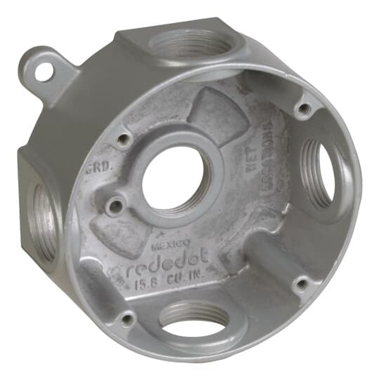 Round Outlet Box, 17 Cubic Inches, 4-1/8 Inch Diameter, Hub Size 3/4 Inch, Silver, Aluminum, with 5 Outlets, Four on the Sides and One in Back, Mounting Lugs, and 4 Closure Plugs