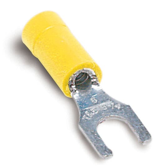 Vinyl-Insulated Locking Fork Terminal, Length 1.09 Inches, Width .49 Inches, Maximum Insulation .220, Bolt Hole 1/4 Inch, Wire Range #12-#10 AWG, Color Yellow, Copper, Tin Plated