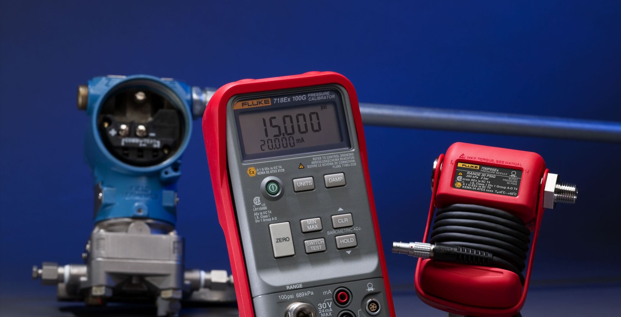 Pump Up the Pressure. The new Fluke 718Ex Intrinsically Safe Pressure Calibrator is a new, powerful, intrinsically safe, self-contained pressure calibrator for usage in Explosion endangered areas. 300 PSI