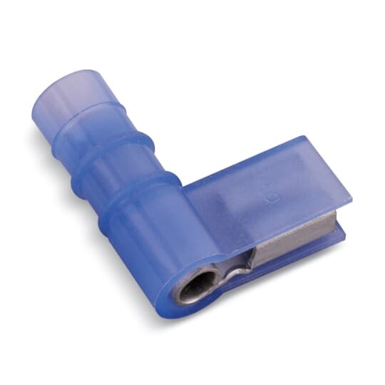 Nylon Fully Insulated 90 Degree Flag Female Disconnect, Length .74 Inches, Width .61 Inches, Maximum Insulation .150, Tab Size .187x.032, Wire Range #16-#14 AWG, Color Blue, Copper, Tin Plated